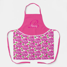 Delantal Nombre inicial elegante rosas magenta rosa calient