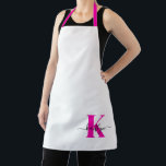 Delantal Nombre inicial negro rosado caliente monogramado<br><div class="desc">Este sencillo y elegante delantal blanco con tu nombre en un estilo de letra a la moda en negro tipeado sobre tu primera inicial en un moderno tipo de letra de tope en rosa caliente es perfecto para cuando cocinas, entretenidas, barbacoas. Es de diseño y a la vez muy clásico....</div>