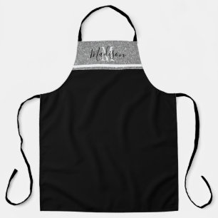Delantal Nombre Monograma del Purpurina de plata negro Moda