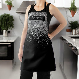 Delantal Nombre Monograma Glitter Plateado Negro Femenino