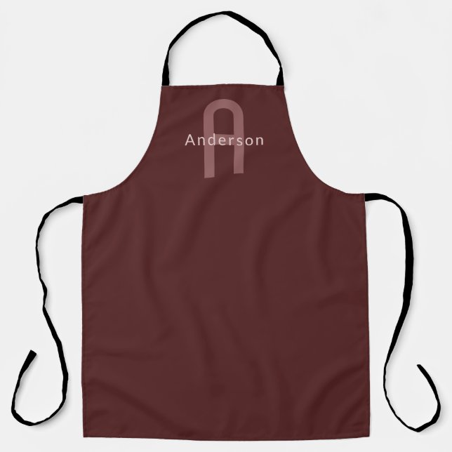 Delantal Nombre Monogramado de aspecto moderno | Maroon Red (Anverso)