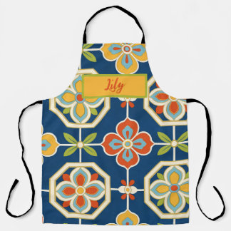 Delantal Nombre Personalizado Baldosa Floral Retro Azul Mar