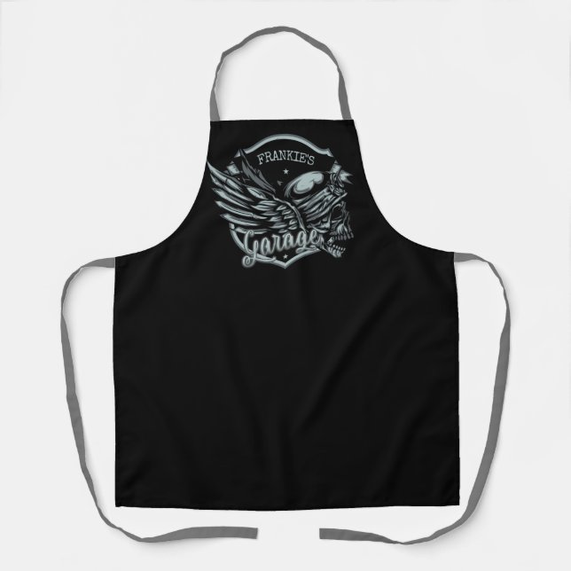 Delantal NOMBRE Personalizado Biker Skull Wings Motorcycle  (Anverso)