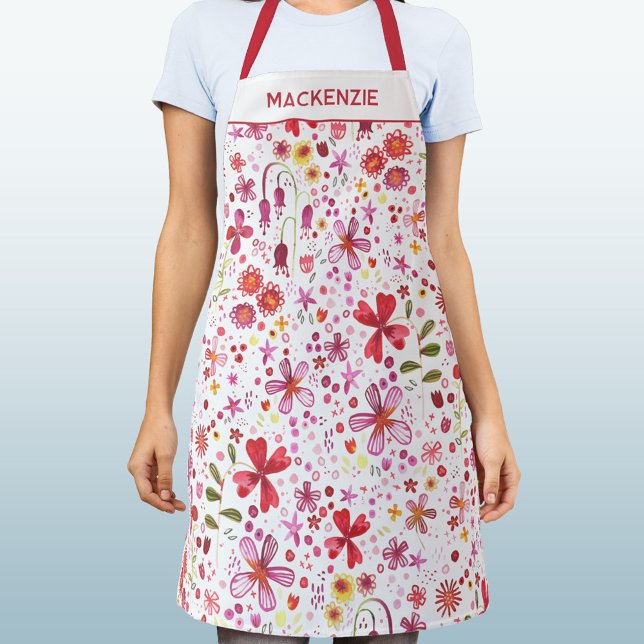 Delantal Nombre personalizado de flor silvestre floral mode (Modern watercolor wildflower pattern apron with personalized custom name)
