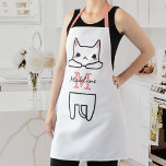 Delantal Nombre personalizado de gatito personalizado<br><div class="desc">¿Eres amante de los gatos y disfrutas de cocinar? Entonces este Apron Cute Cat con un encantador diseño de gatito blanco es perfecto para usted. Personalizable con su nombre inicial y su nombre en un tipo de letra de guión personalizado, no sólo ofrece protección, también añade un toque de encanto...</div>