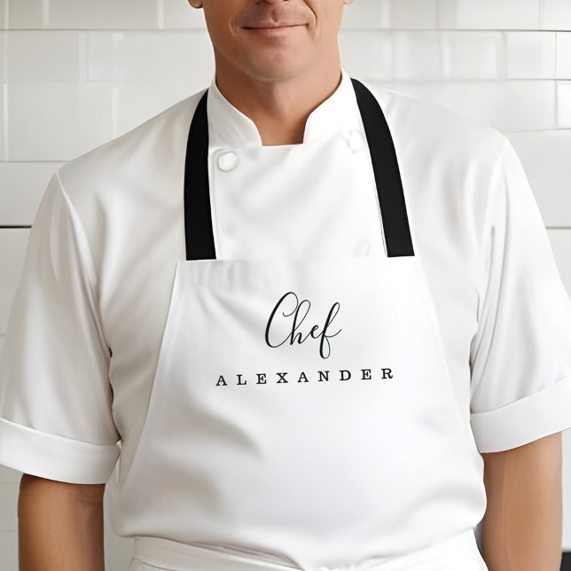 Delantal Nombre personalizado de la cocina del chef blanco  (Modern Minimal White Chef Kitchen Custom Name Apron)