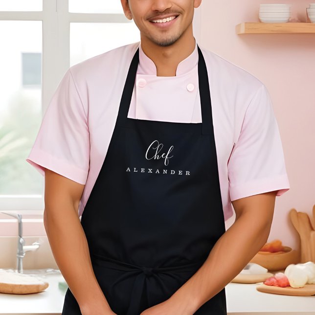 Delantal Nombre personalizado de la cocina del chef de colo (Modern Minimal Black Chef Kitchen Custom Name Apron)