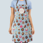 Delantal Nombre personalizado de la repostería de dulce de<br><div class="desc">¡Delicioso patrón de chocolate y dulces llenos de dulces y tentaciones! Personalizar cambiando el texto y el color de fondo.</div>