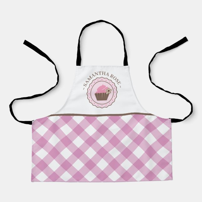Delantal Nombre personalizado de pastel rosa y blanco (Anverso)