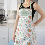 Delantal Nombre personalizado de patrón floral de color pas<br><div class="desc">Bonito primavera rosa floral,  naranja y verde sabio mecen delantal femenino con nombre personalizado o texto sobre una forma geométrica oval verde claro sabio.</div>