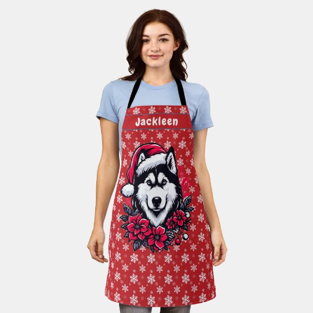 Delantal Nombre personalizado del perro de Santa Husky flor (Gastado)