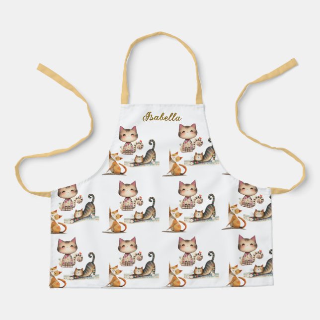 Delantal Nombre Personalizado Feliz Gato Joven Lady Apron (Anverso)