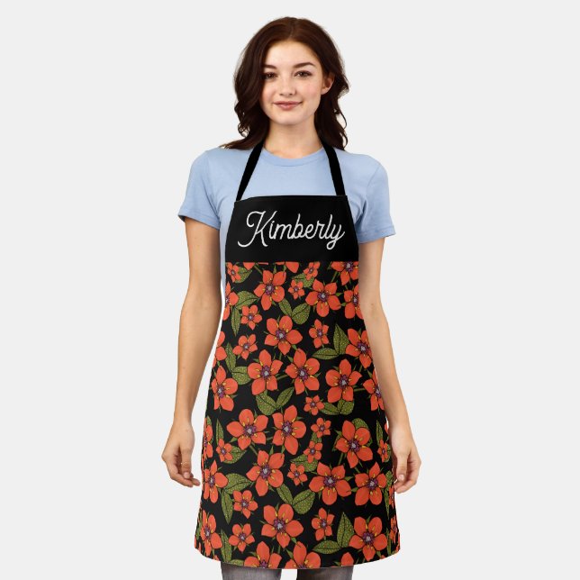 Delantal Nombre personalizado Floral Rojo (Gastado)