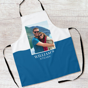 Delantal Nombre personalizado Foto azul blanco moderno