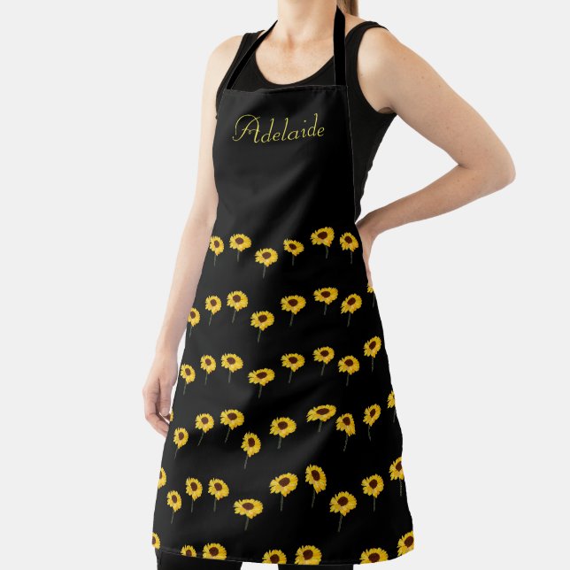 Delantal Nombre personalizado girasoles amarillos en negro (in situ)