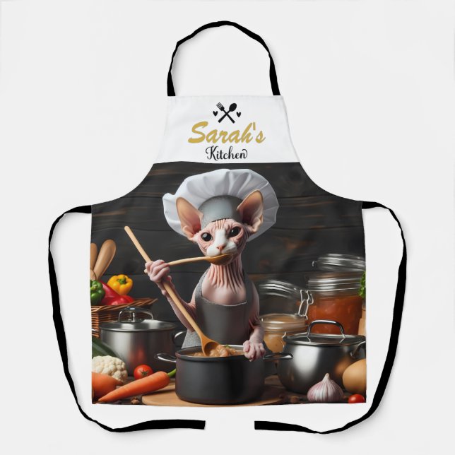 Delantal Nombre personalizado Gracioso Sphynx Cat Chef Cook (Anverso)
