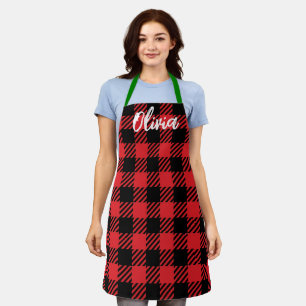Delantal Nombre personalizado Navidades Red Green Plaid Bak