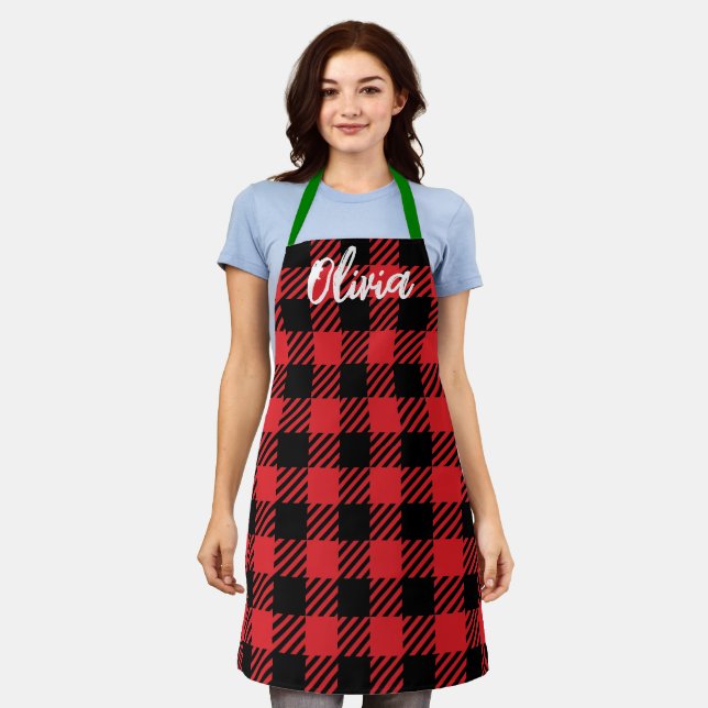 Delantal Nombre personalizado Navidades Red Green Plaid Bak (Gastado)