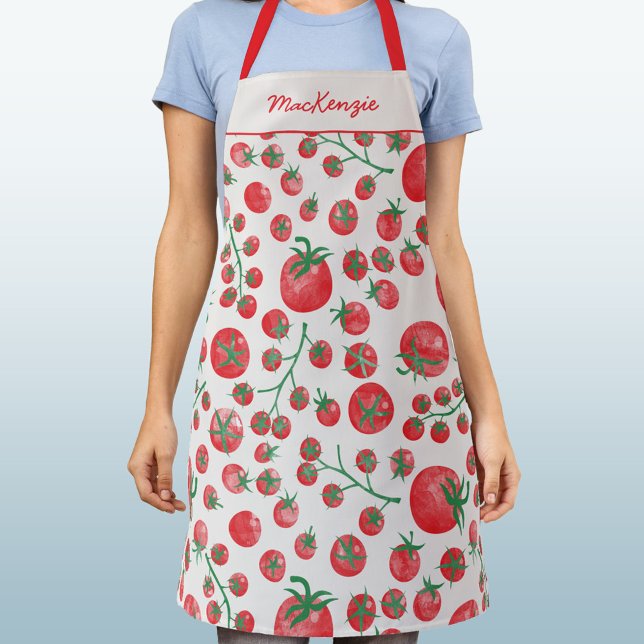 Delantal Nombre Personalizado Patrón de Tomate (Fun Mediterranean summer watercolor tomato pattern apron)