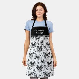 Delantal Nombre personalizado patrón mariposa negro blanco
