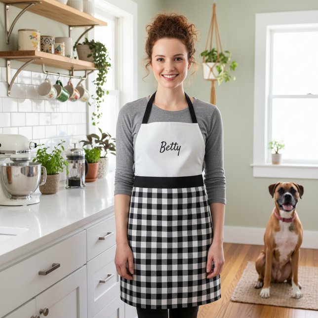Delantal Nombre personalizado retro negro y blanco de la pl (Personalized retro apron - black and white.)