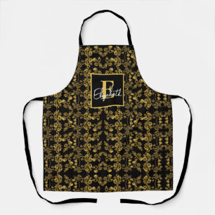Delantal Nombre personalizado Royal Black & Gold Barroco Fl