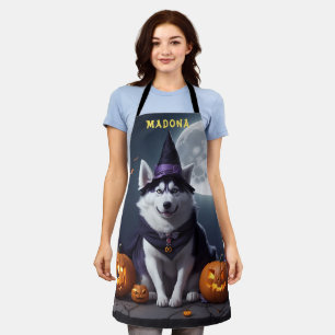 Delantal nombre personalizado Spooky Husky Dog Halloween