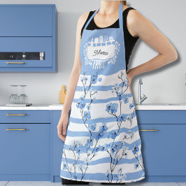 Delantal Nombre personalizado tema cocina Flores azules ray