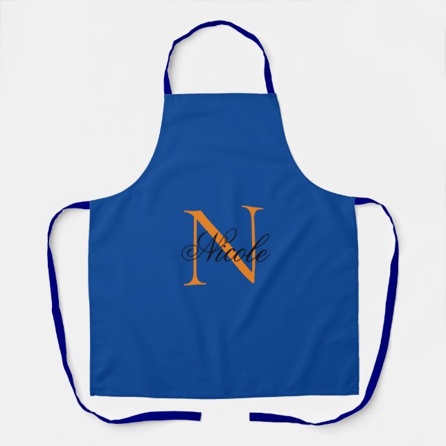 Delantal Nombre propio monogramado inicial azul profundo (Anverso)
