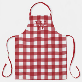 Delantal Nombre rojo blanco de Gingham e inicial