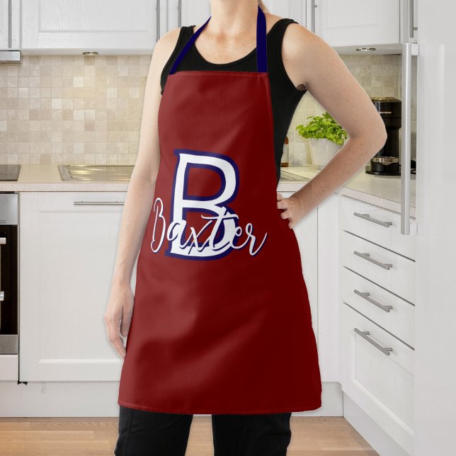 Delantal Nombre rojo y azul y monograma personalizado (Red White & Blue Name and Monogram Personalized Apron
)