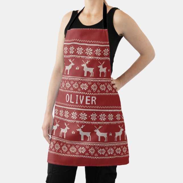 Delantal Nordic Reindeer Knit Pattern Personalized  (in situ)