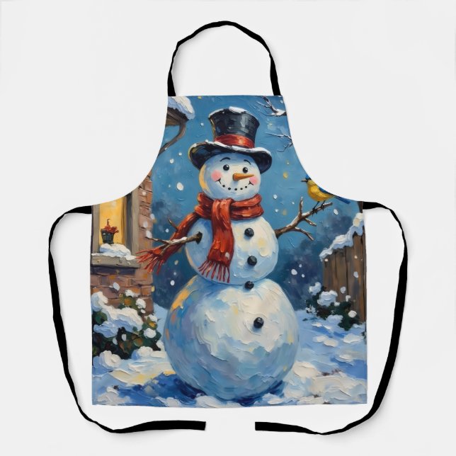Delantal Nostalgic Happy Snowman with Bluebird Winter Scene (Anverso)