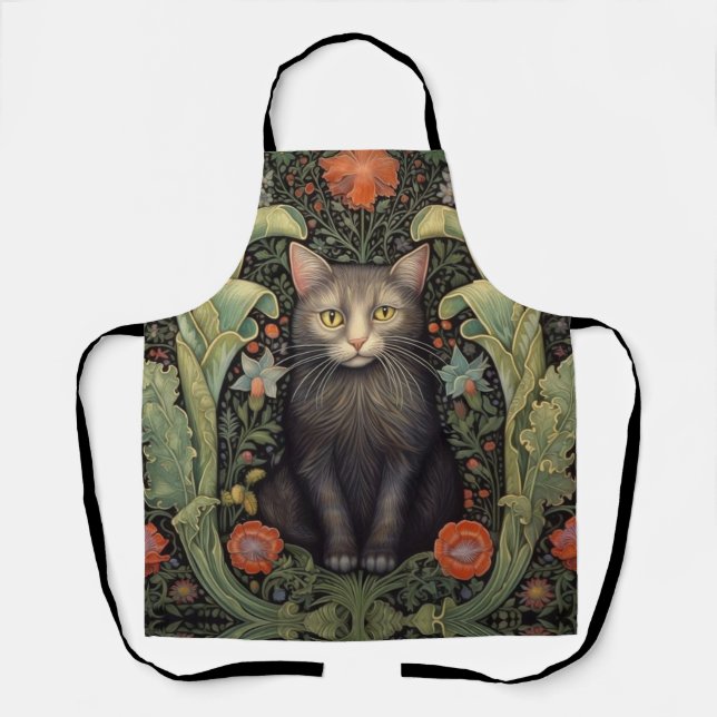 Delantal Nuevo arte gato negro y flores rojas (Anverso)