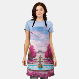 Delantal Oasis de rubí - Cocina de árboles rojos y fuentes