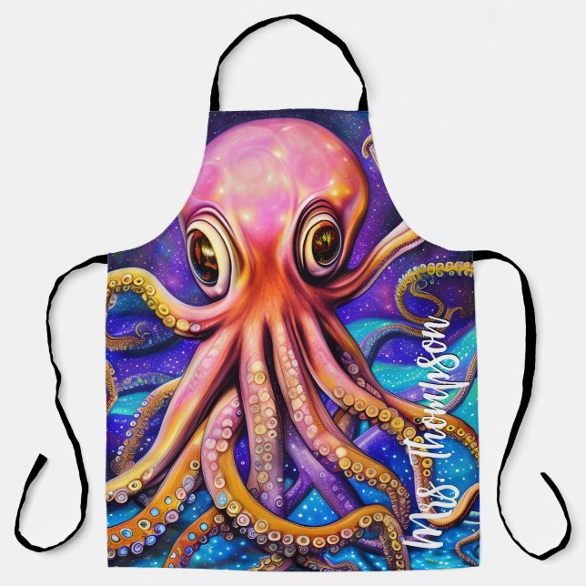 Delantal Octopus oceánico con nombre personalizado (Anverso)