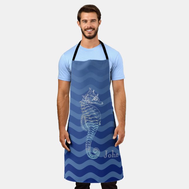 Delantal Olas de raya azul marino náutico caballito de mar (Gastado)