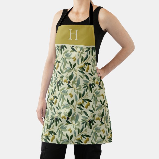 Delantal Olive Branch Monogram Initial All-Over Print Apron (in situ)