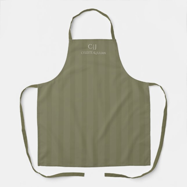 Delantal Olive Green Stripes Monogram Wedding (Anverso)