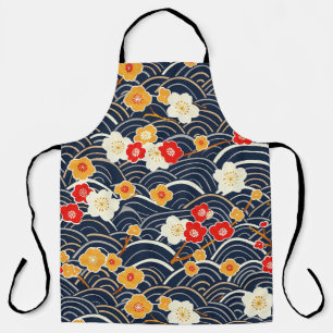 Delantal Onda Japonesa de Ciruela Floral en Azul Marino