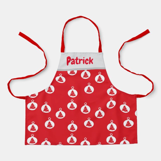 Delantal Ornamentos de árbol blanco sobre rojo (Anverso)