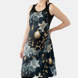 Delantal Ornamentos de Navidad azules y dorados Poinsettias