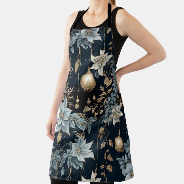 Delantal Ornamentos de Navidad azules y dorados Poinsettias (in situ)