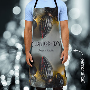 Delantal Ornamentos de Navidad Retro Gris Negro