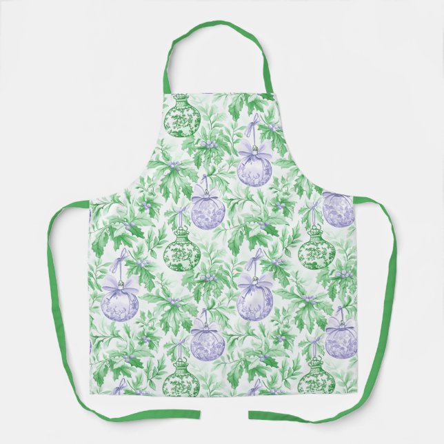 Delantal Ornamentos de Navidad toile púrpura verde (Anverso)