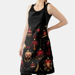DELANTAL ORNAMENTOS NAVIDEÑOS DE FIESTA ROJO NEGRO ORO