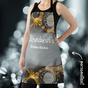 Delantal Ornamentos Vintage de Navidad Negra con cinta de o