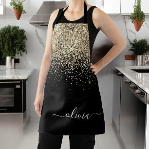 Delantal Oro Negro Glitter Nombre Monograma Femenino