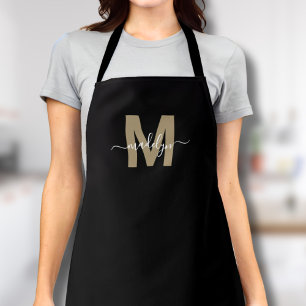 Delantal Oro Negro Monograma Elegante Minimalista Moderno
