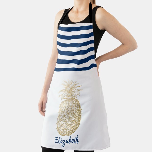 Delantal Oro Pineapple Navy Azul franja blanca (in situ)